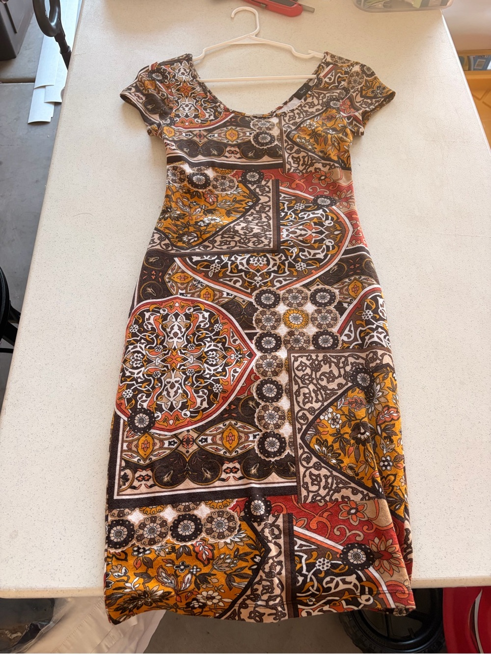 Moroccan/Mediterranean-inspired print Bohemian Short-Sleeve Midi Bodycon Dress